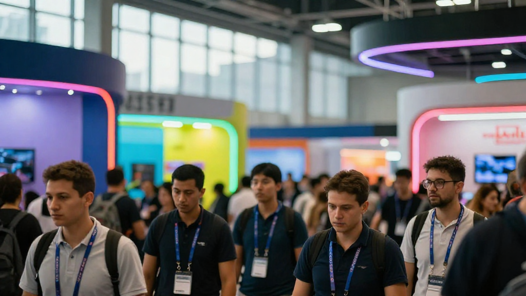 Bustling trade‑show floor with smart badges and LED screens