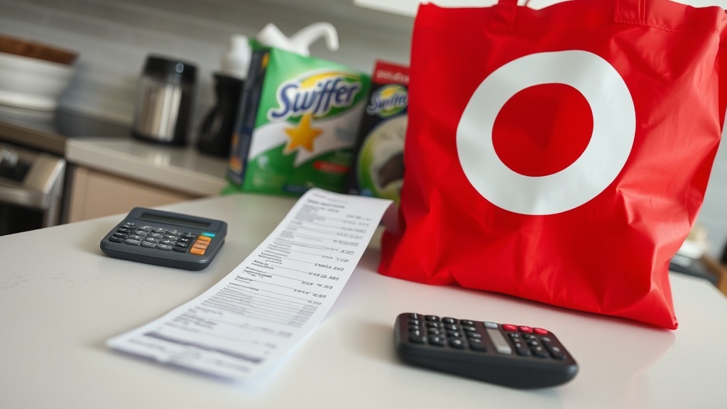 Close-up of a store receipt next to a calculator, a red Target bag, and cleaning supplies on a kitchen counter.