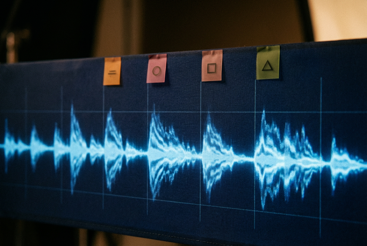 A digital audio waveform displayed on a dark screen, with colorful markers highlighting verse, chorus, bridge, and drop sections of a song. Each section is labeled with a small tag. The waveform glows in electric blue with marker flags in orange, pink, and green.