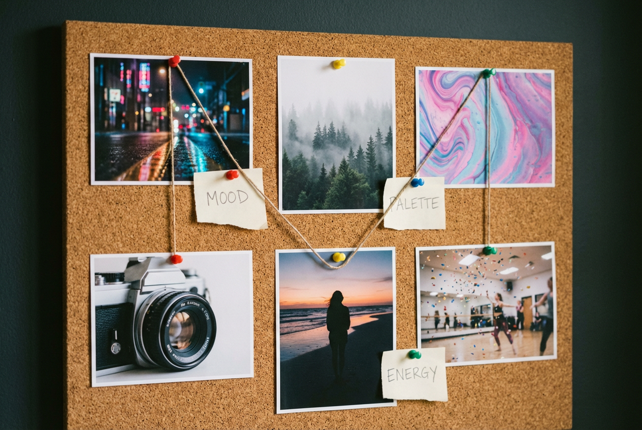 A mood board collage pinned to a dark cork board, featuring reference images of neon cityscapes, misty forests, abstract geometric art, and vintage film stills. Colored pins and string connect related images. Small handwritten notes are scattered between the photos.