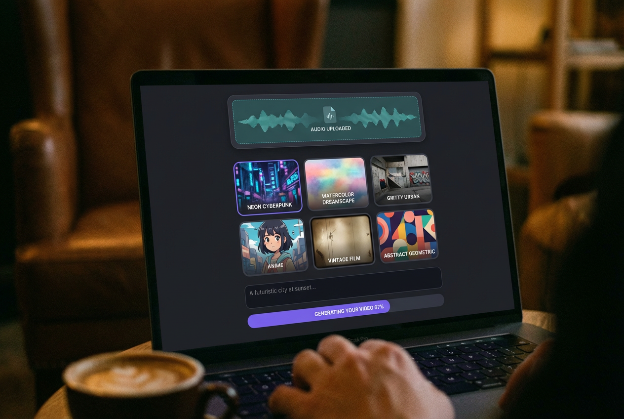 A screenshot-style mockup of a clean web application interface showing an audio upload area at the top, a style selection grid with thumbnail previews in the middle, and a text prompt input field at the bottom. The interface has a dark theme with purple accent colors. A progress bar shows 67% complete.