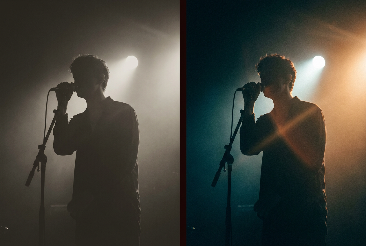 A side-by-side comparison of a raw AI-generated music video frame on the left and a color-graded, polished version on the right. The left image is slightly flat and desaturated, while the right has rich, cinematic color grading with a teal-and-orange palette. Both show a silhouetted figure performing on a stage with dramatic backlighting.