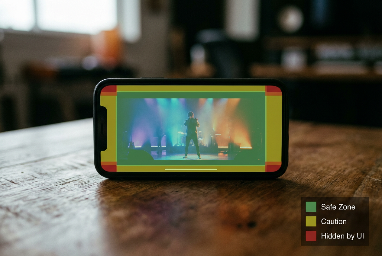 A vertical smartphone screen showing a 9:16 music video frame with safe zone overlay guidelines marked in green, yellow, and red zones. The green center area is labeled Safe for all platforms, yellow edges show Caution zone, and red corners show Hidden by UI elements. A small legend sits in the corner.