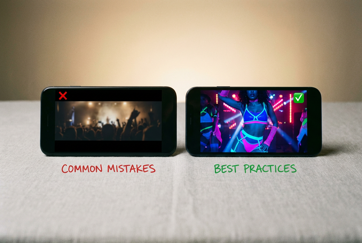 A split screen showing two music video outputs. The left side is labeled Common Mistakes and shows a blurry, poorly framed horizontal video with black letterbox bars on a phone mockup. The right side is labeled Best Practices and shows a crisp, properly formatted vertical video filling the entire phone screen with vibrant visuals.