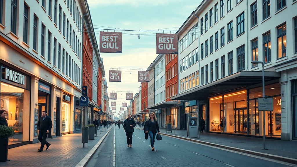 A beautiful, clean street in Copenhagen, Denmark with functional modern infrastructure, warm lighting, and a feeling of absolute safety and order.