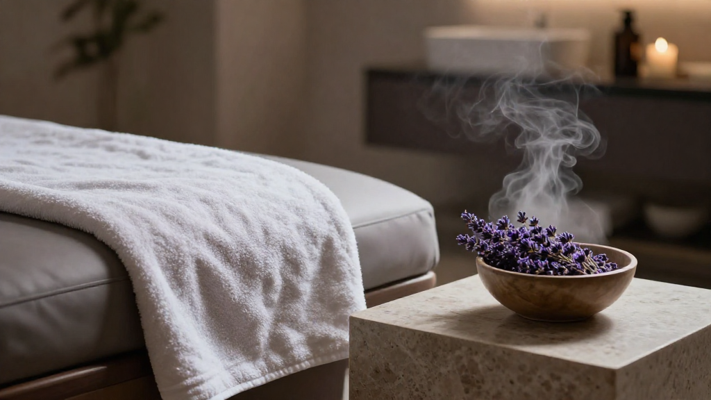 A serene spa room with soft lighting, a plush towel draped over a sleek chaise, a natural stone countertop holding a bowl of fragrant lavender, and a subtle mist of steam rising in the background, evoking calm and luxury