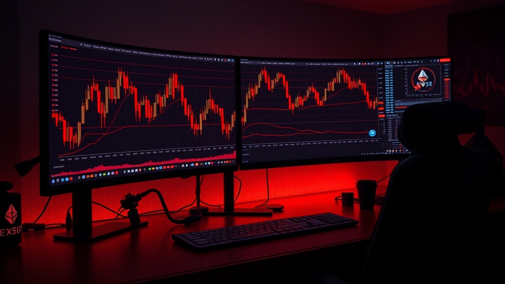 Bitcoin and Ethereum charts showing a moderate pullback with red market heatmap glow