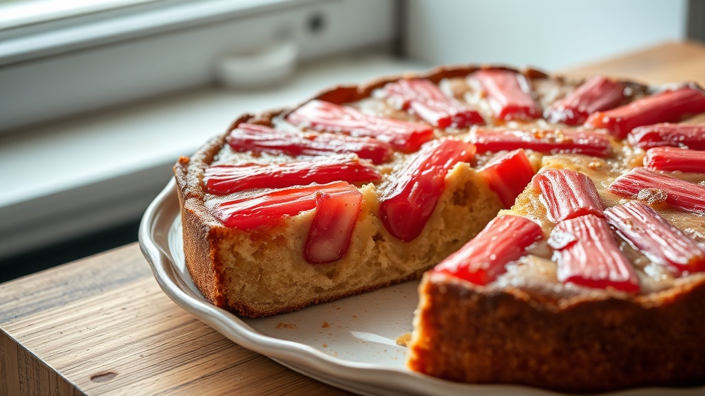 Close-up of a rustic rhubarb upside-down cake with glossy, candied pink rhubarb batons and brown sugar edges on a vintage plate, lit by morning light.
