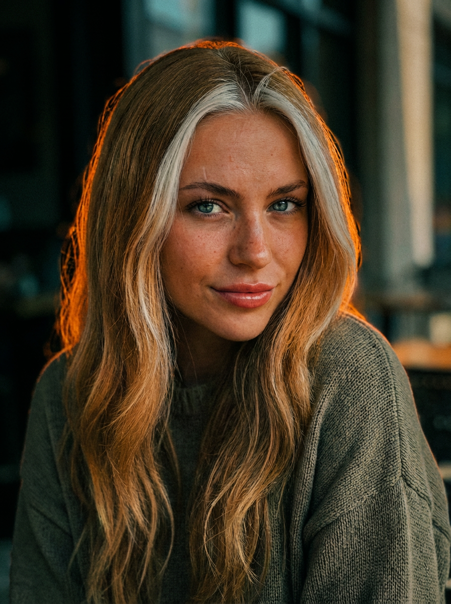 Transform the source image into a high-resolution, moody cinematic film still, while maintaining absolute fidelity to the 100% original subject's facial features, pose, and gender. Keep the person's pose exactly 100% the same as the real image. Perform a hyper-realistic upscale, bringing the subject into extremely sharp focus. Significantly enhance and sharpen skin texture to be incredibly detailed and lifelike, showing visible pores, fine lines, and realistic definition. Apply dramatic, low-key backlighting that casts intense warm orange and deep amber tones as the dominant light source, creating strong rim lighting and a heated glow around the silhouette. The shadows must be crushed deep black, with distinct cool teal and muted dark green undertones visible in the darker background areas. Add a heavy, authentic analog film grain texture over the entire image. Shallow depth of field, high contrast chiaroscuro lighting, atmospheric, emotional, dark cinematic aesthetic. | User Input: N/A