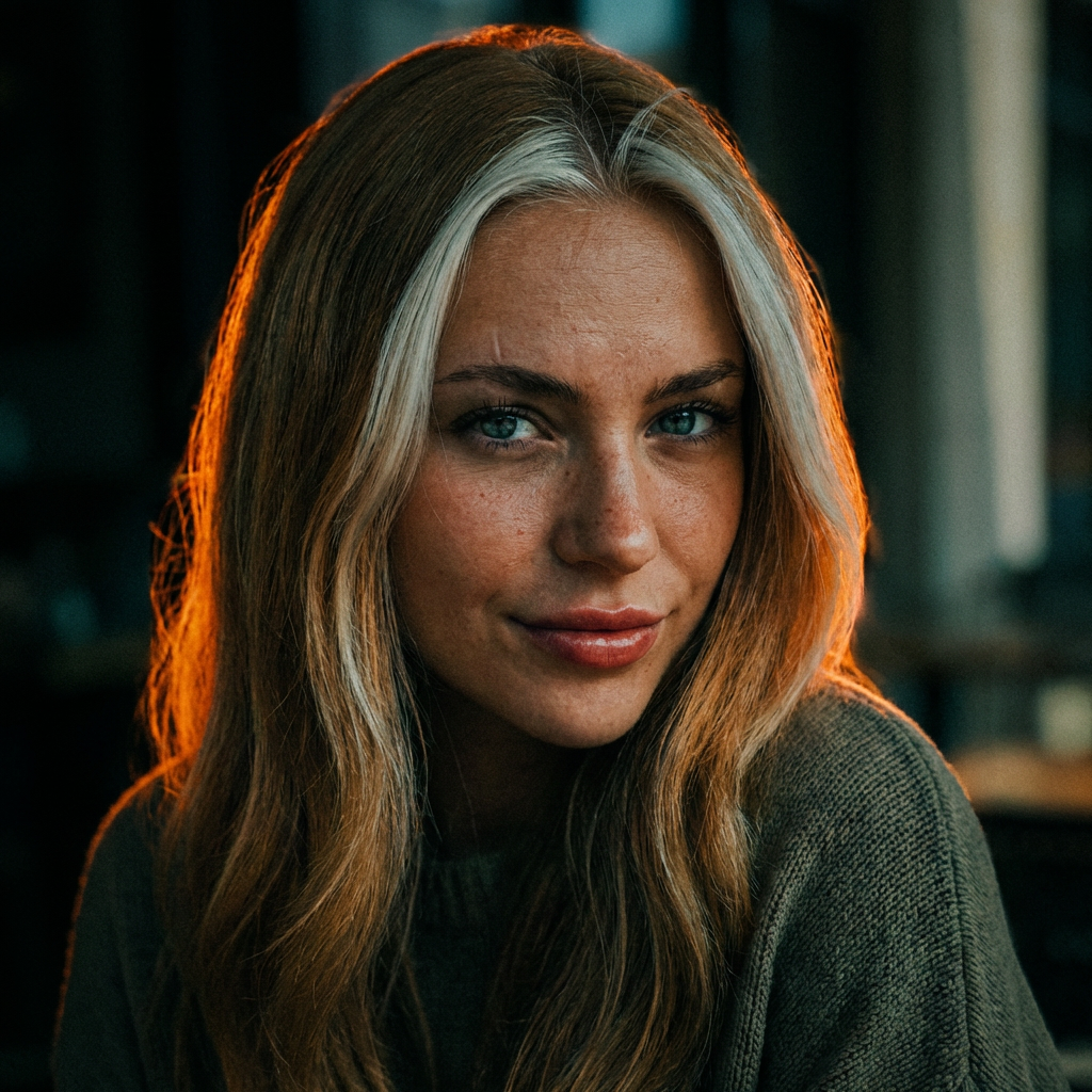 Transform the source image into a high-resolution, moody cinematic film still, while maintaining absolute fidelity to the 100% original subject's facial features, pose, and gender. Keep the person's pose exactly 100% the same as the real image. Perform a hyper-realistic upscale, bringing the subject into extremely sharp focus. Significantly enhance and sharpen skin texture to be incredibly detailed and lifelike, showing visible pores, fine lines, and realistic definition. Apply dramatic, low-key backlighting that casts intense warm orange and deep amber tones as the dominant light source, creating strong rim lighting and a heated glow around the silhouette. The shadows must be crushed deep black, with distinct cool teal and muted dark green undertones visible in the darker background areas. Add a heavy, authentic analog film grain texture over the entire image. Shallow depth of field, high contrast chiaroscuro lighting, atmospheric, emotional, dark cinematic aesthetic. | User Input: N/A