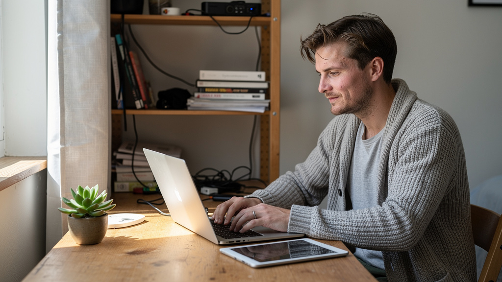 content creator at home office working on 5 ai business ideas anyone can start from home