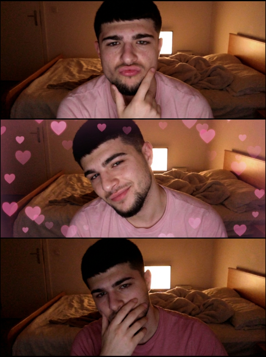 Generate images: Create a low-resolution vertical webcam photo in a 3x1 grid with a 3:4 aspect ratio using the character in the picture. The photo should fill the canvas without borders with a photobooth vibe. The screen light is warm and dim, with a grainy/noisy style and a simple, cozy bedroom background.
First grid: Exaggerated pout, finger near the lips, pink tshirt top.
Second grid: Shy/flirtatious tilt, soft expression, pink heart pattern overlay.
Third grid: Dramatic late-night pose, dark pink tshirt top, hand near the mouth.
The character's clothing and appearance are consistent. | User Input: N/A