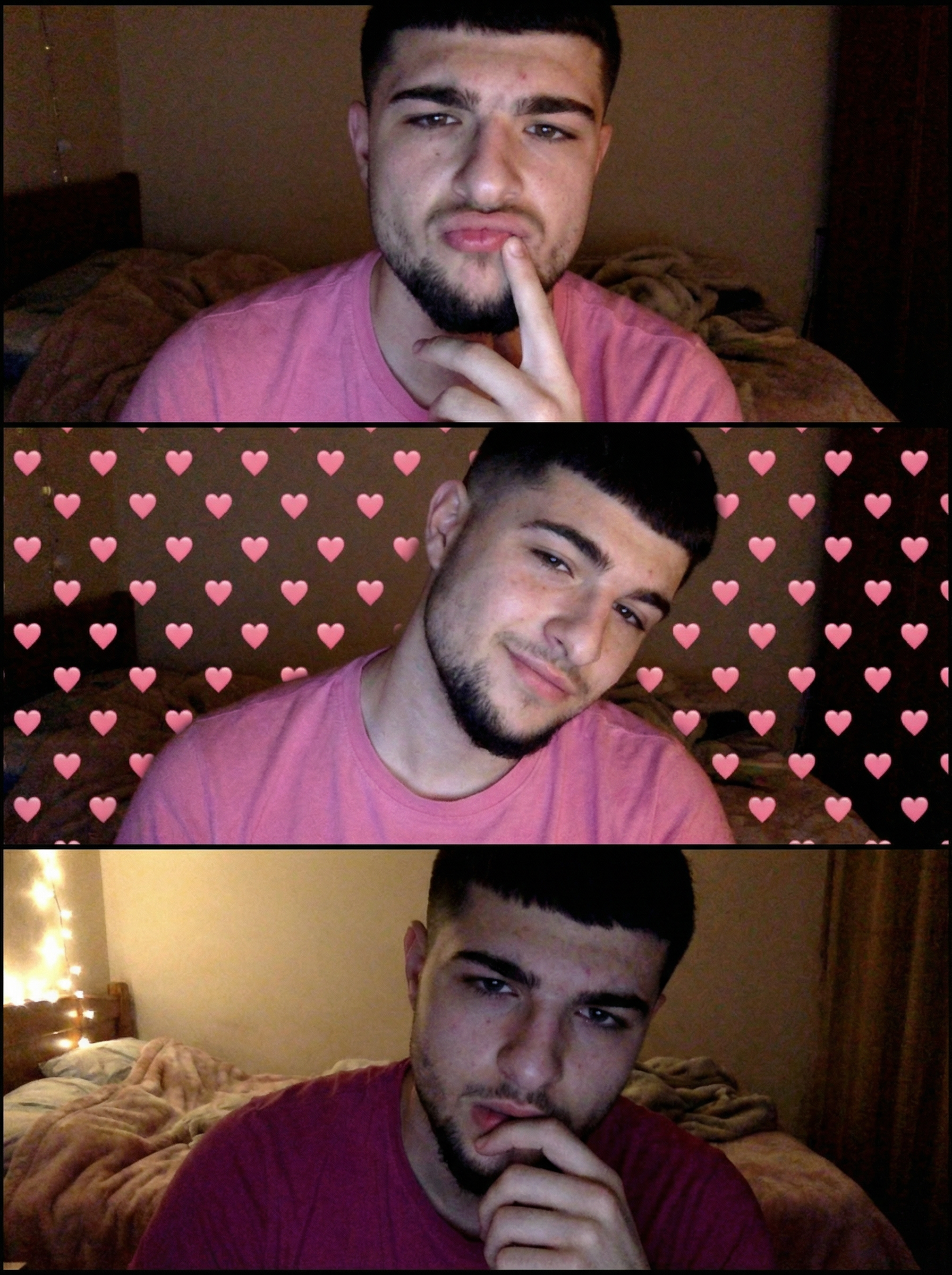 Generate images: Create a low-resolution vertical webcam photo in a 3x1 grid with a 3:4 aspect ratio using the character in the picture. The photo should fill the canvas without borders with a photobooth vibe. The screen light is warm and dim, with a grainy/noisy style and a simple, cozy bedroom background.
First grid: Exaggerated pout, finger near the lips, pink tshirt top.
Second grid: Shy/flirtatious tilt, soft expression, pink heart pattern overlay.
Third grid: Dramatic late-night pose, dark pink tshirt top, hand near the mouth.
The character's clothing and appearance are consistent. | User Input: N/A