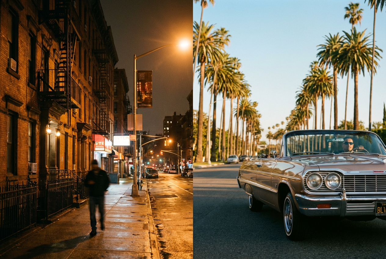 A split-screen comparison of hip-hop visual aesthetics