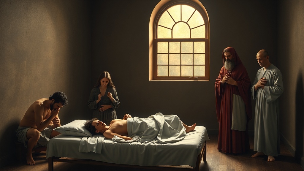 A solemn, contemplative scene depicting a patient, grieving family, and a remorseful attendant