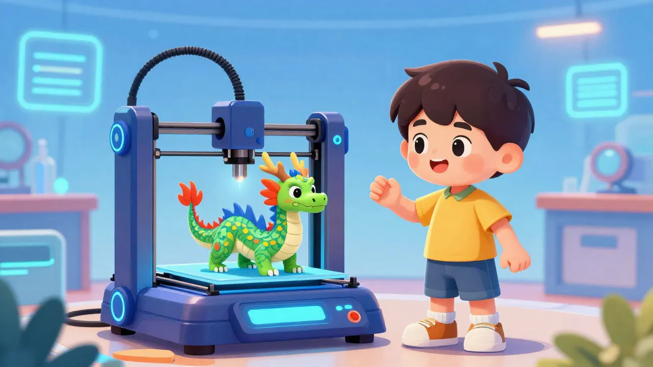 Boy with 3D printer printing a dragon
