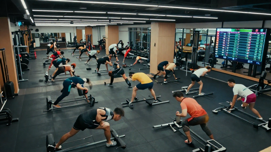 Gym floor with members working out and a digital display of membership statistics