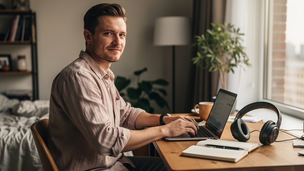 content creator at home office working on how to start an ai content business with no skills