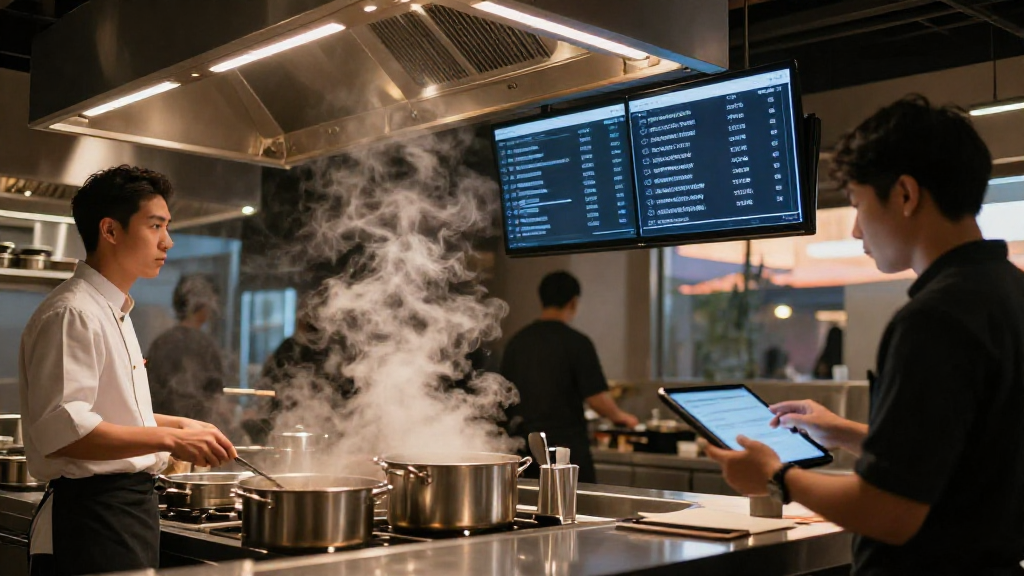 A bustling restaurant kitchen at dusk, illuminated by LED strip lighting, where chefs glance at a large digital screen displaying live order updates, with steam swirling from pots and a barista scrolling through a tablet interface