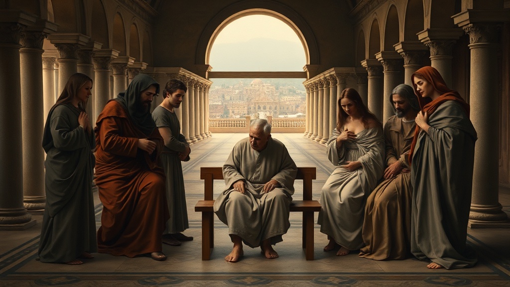 Allegorical scene of community care around an elder