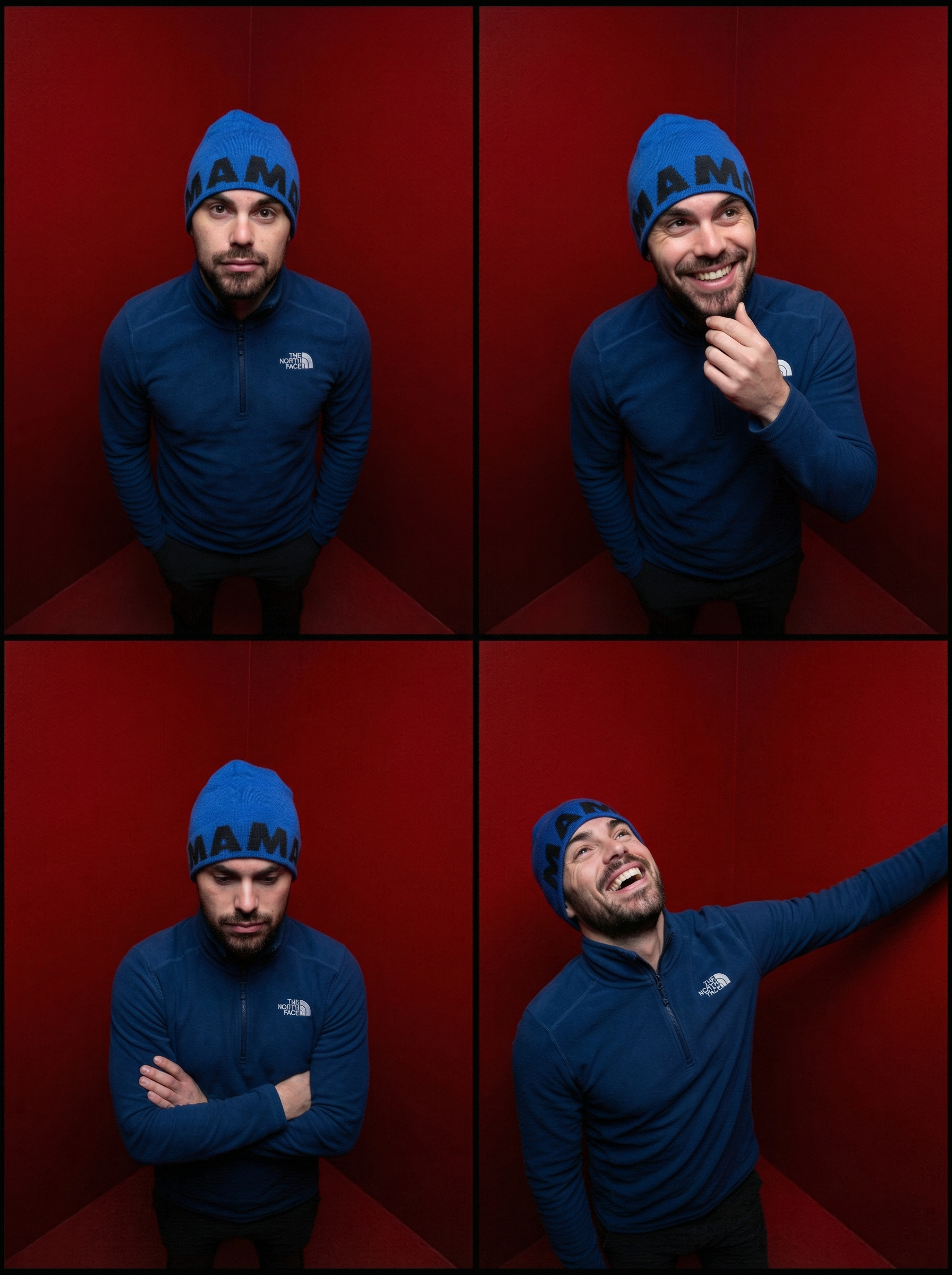 Generate a 4K ultra-realistic 2x2 grided photobooth image with black frames, featuring the person from the reference image. Preserve the facial features, 90 degree camera angle pointing top down, full body and standing in the corner of the fully HEX #BC000A color painted room, dark lighting. The create different person's facial expression and pose. Do not change the faces at all.
| User Input: N/A