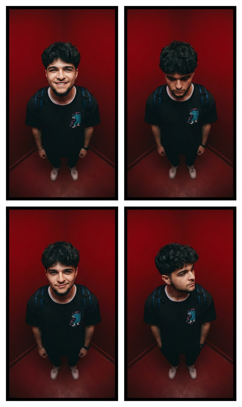 Generate a 4K ultra-realistic 2x2 grided photobooth image with black frames, featuring the person from the reference image. Preserve the facial features, 90 degree camera angle pointing top down, full body and standing in the corner of the fully HEX #BC000A color painted room, dark lighting. The create different person's facial expression and pose. Do not change the faces at all.
| User Input: N/A