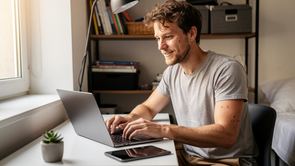 content creator at home office working on how to use ai to start a blog that makes money