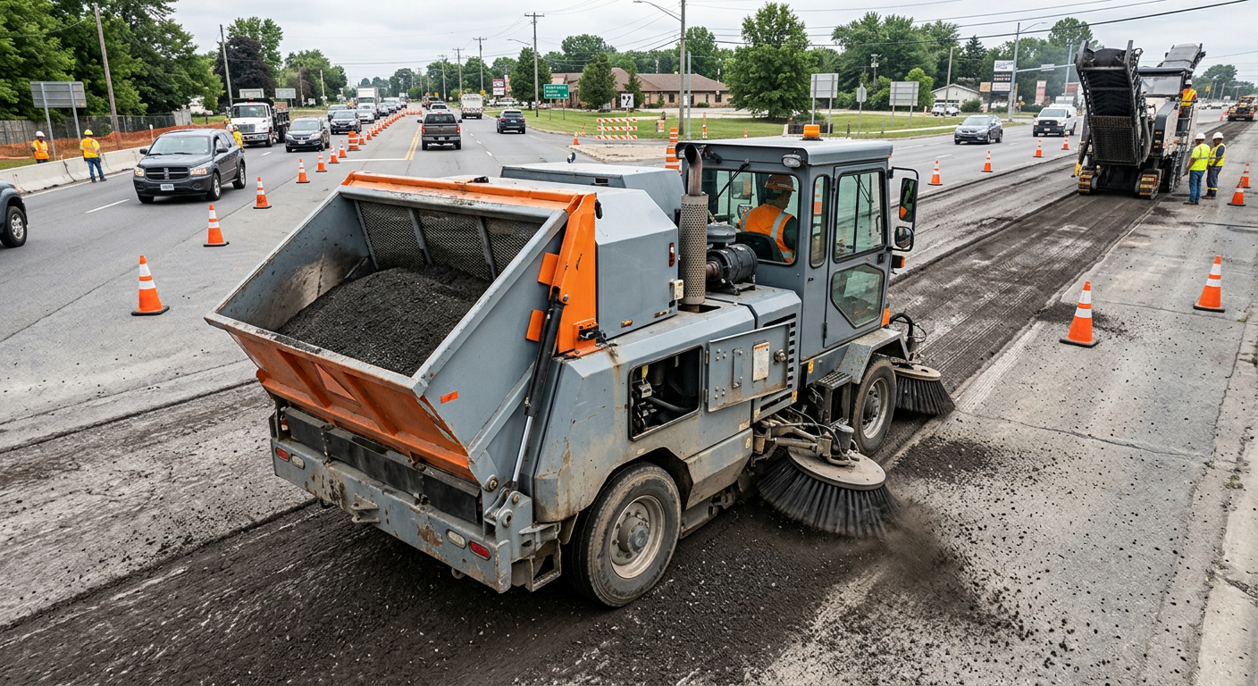 Photorealistic mid-shot of a mechanical broom sweeper clearing asphalt millings from a two-lane work zone, professional an...