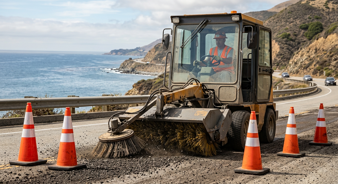 Photorealistic mid-shot of a mechanical broom close-up picking up coarse asphalt millings on a coastal highway, operator v...