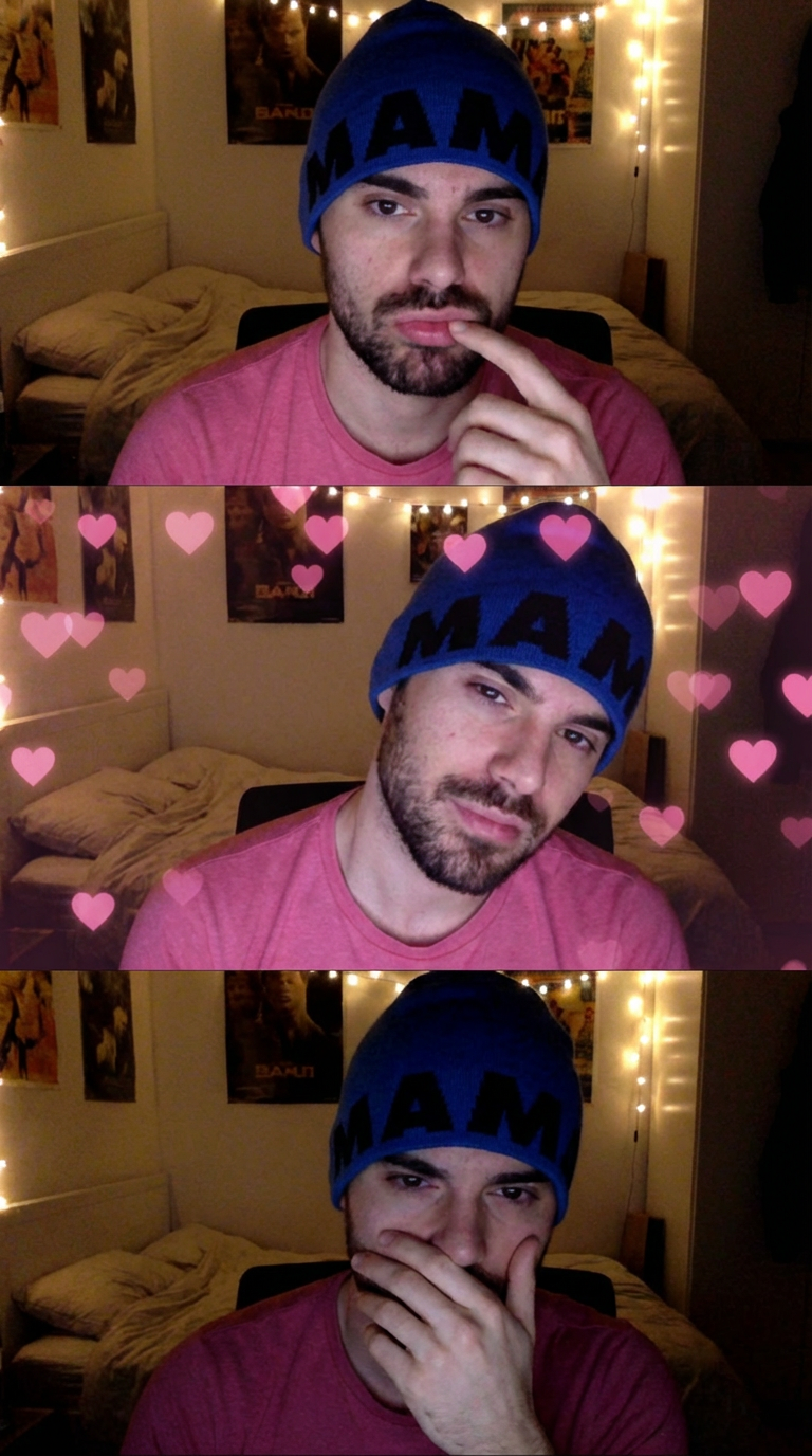 Generate images: Create a low-resolution vertical webcam photo in a 3x1 grid with a 3:4 aspect ratio using the character in the picture. The photo should fill the canvas without borders with a photobooth vibe. The screen light is warm and dim, with a grainy/noisy style and a simple, cozy bedroom background.
First grid: Exaggerated pout, finger near the lips, pink tshirt top.
Second grid: Shy/flirtatious tilt, soft expression, pink heart pattern overlay.
Third grid: Dramatic late-night pose, dark pink tshirt top, hand near the mouth.
The character's clothing and appearance are consistent. | User Input: N/A