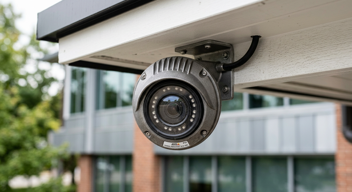 Network System Solutions | Business Security Camera Installation Phoenix: Complete Guide Photorealistic close-up of a vandal-resistant outdoor security camera mounted under an eave, showing textured aluminum hou...
