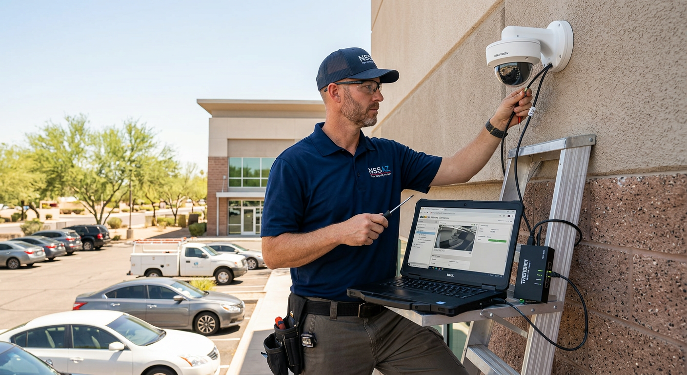 Network System Solutions | Business Security Camera Installation Phoenix: Complete Guide Photorealistic middle-of-article image showing a technician installing an IP camera on a commercial building exterior unde...