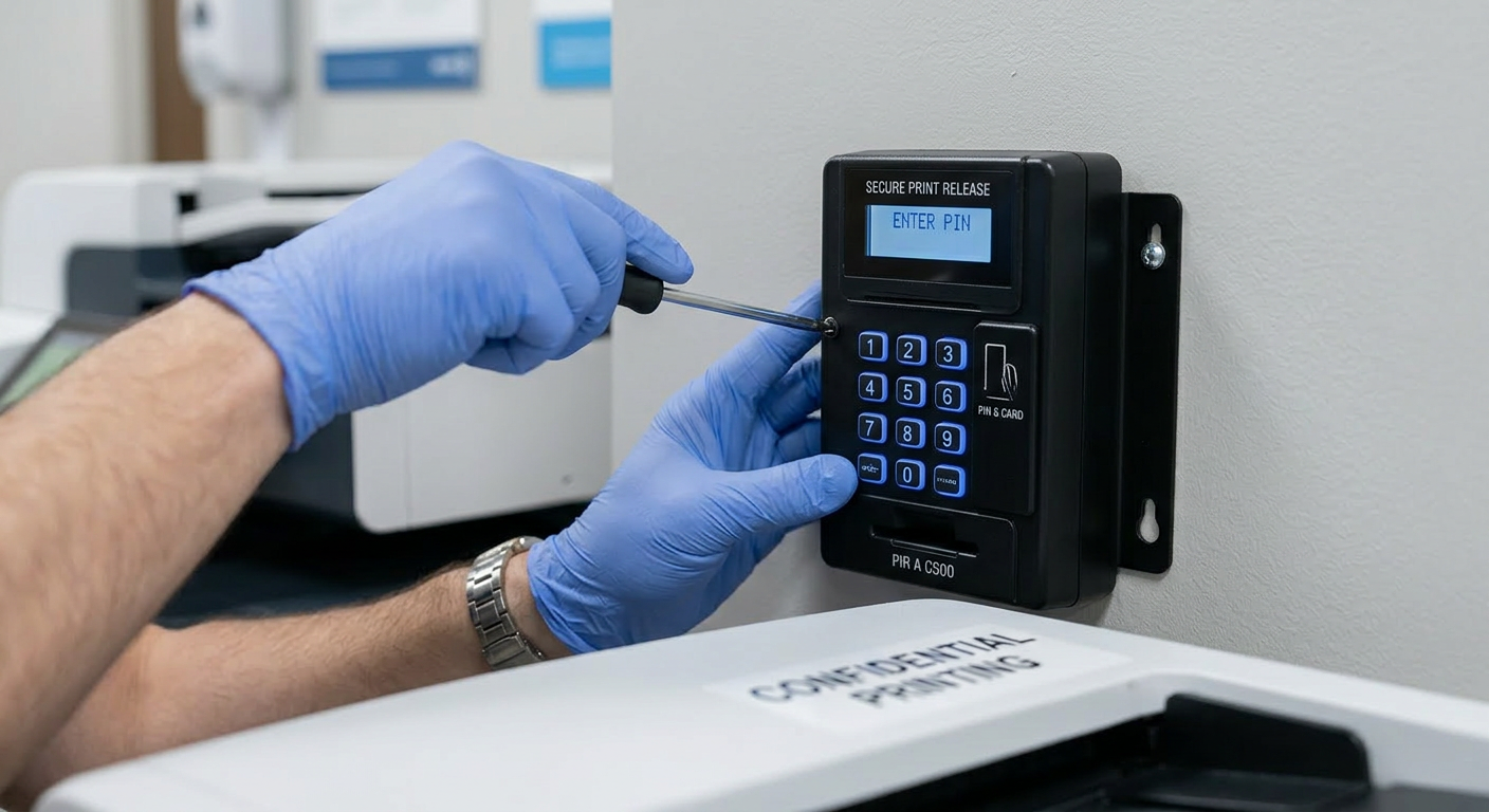 Network System Solutions | Managed Print Services Benefits: Save Money, Secure Documents Photorealistic close-up of a technician installing a secure print release keypad next to a multifunction printer in a prof...