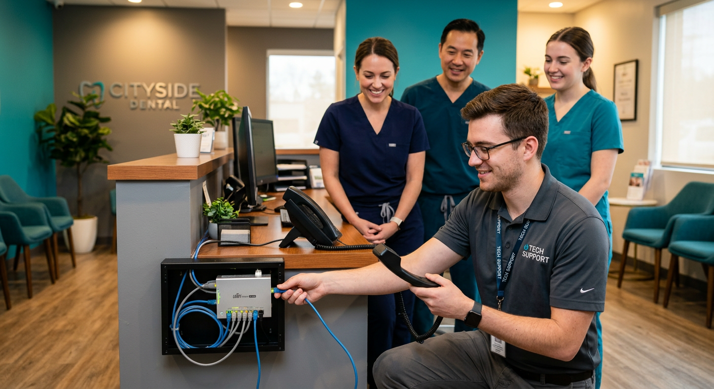 Photorealistic in-office scene of a support technician installing a VoIP handset while a small dental office team watches....