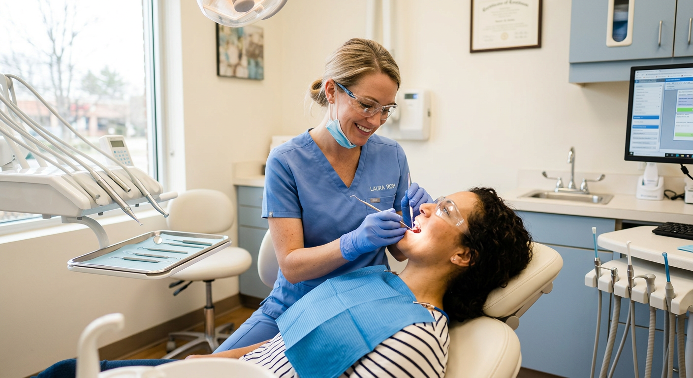 Photorealistic mid-frame shot of a female dental hygienist gently cleaning a patient's teeth in a bright exam room. The sc...