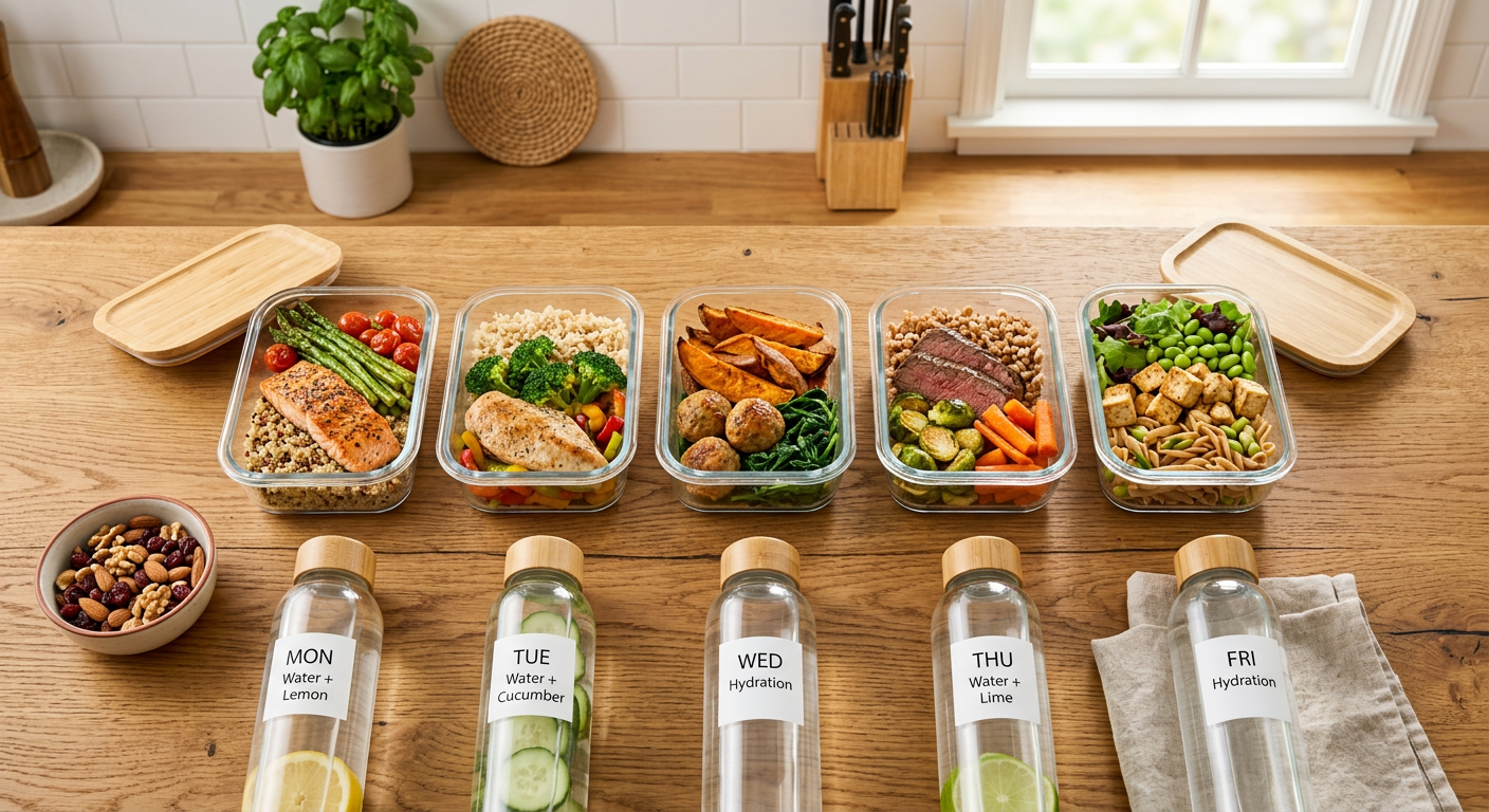 A clear, photorealistic in-content image showing a close-up overhead view of a weekly meal-prep layout on a kitchen island...