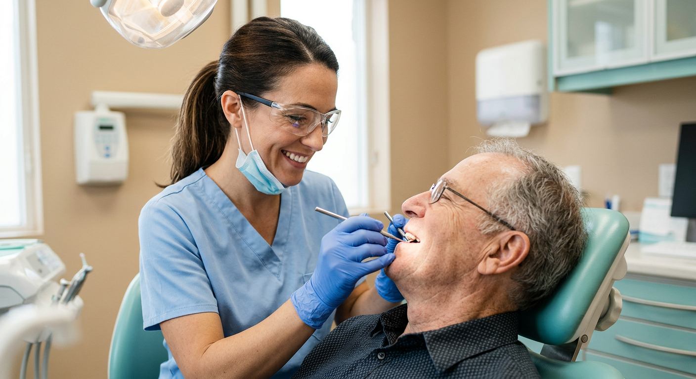 Photorealistic close-up of a female dentist wearing a warm smile while examining a senior patient's mouth, an American eld...