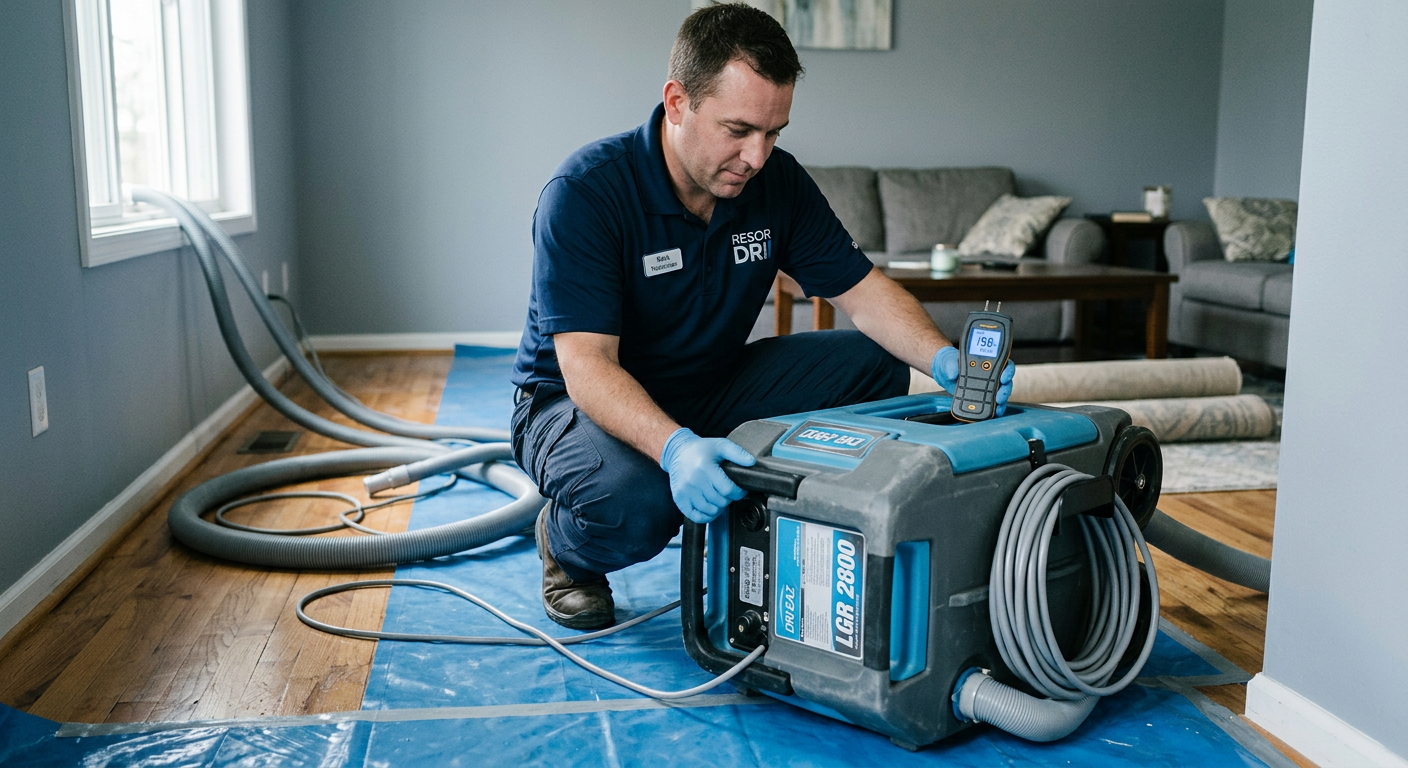 Close-up photorealistic image of a technician placing an industrial dehumidifier in a living room, mid-shot, professional ...