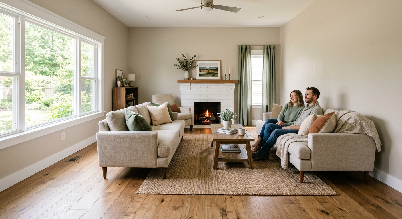 Wide, photorealistic in-content photo showing a restored Carbondale living room with new flooring and dried, freshly paint...