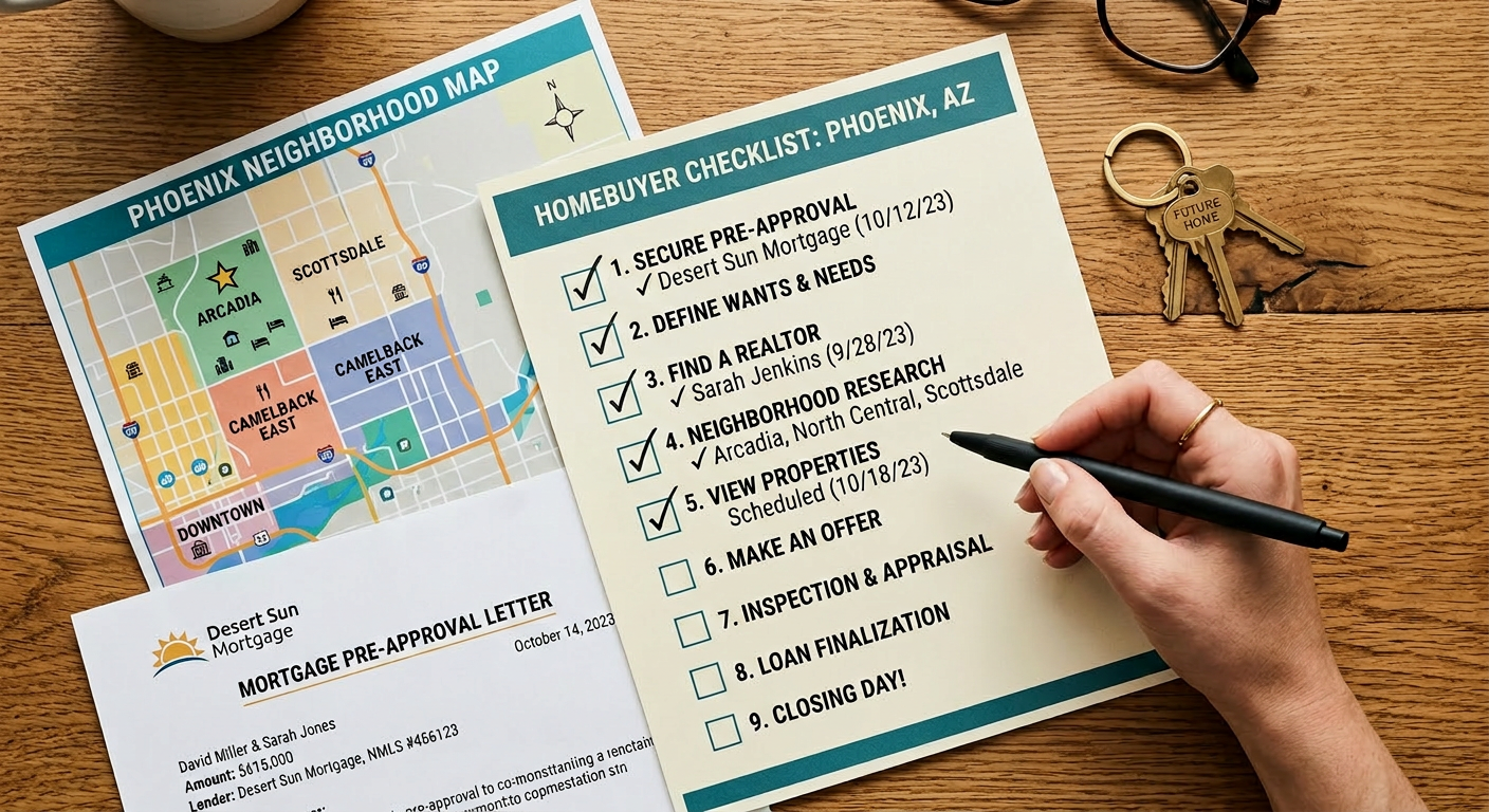 Photorealistic close-up of a homebuyer checklist on a wooden table with a Phoenix neighborhood map, mortgage preapproval l...