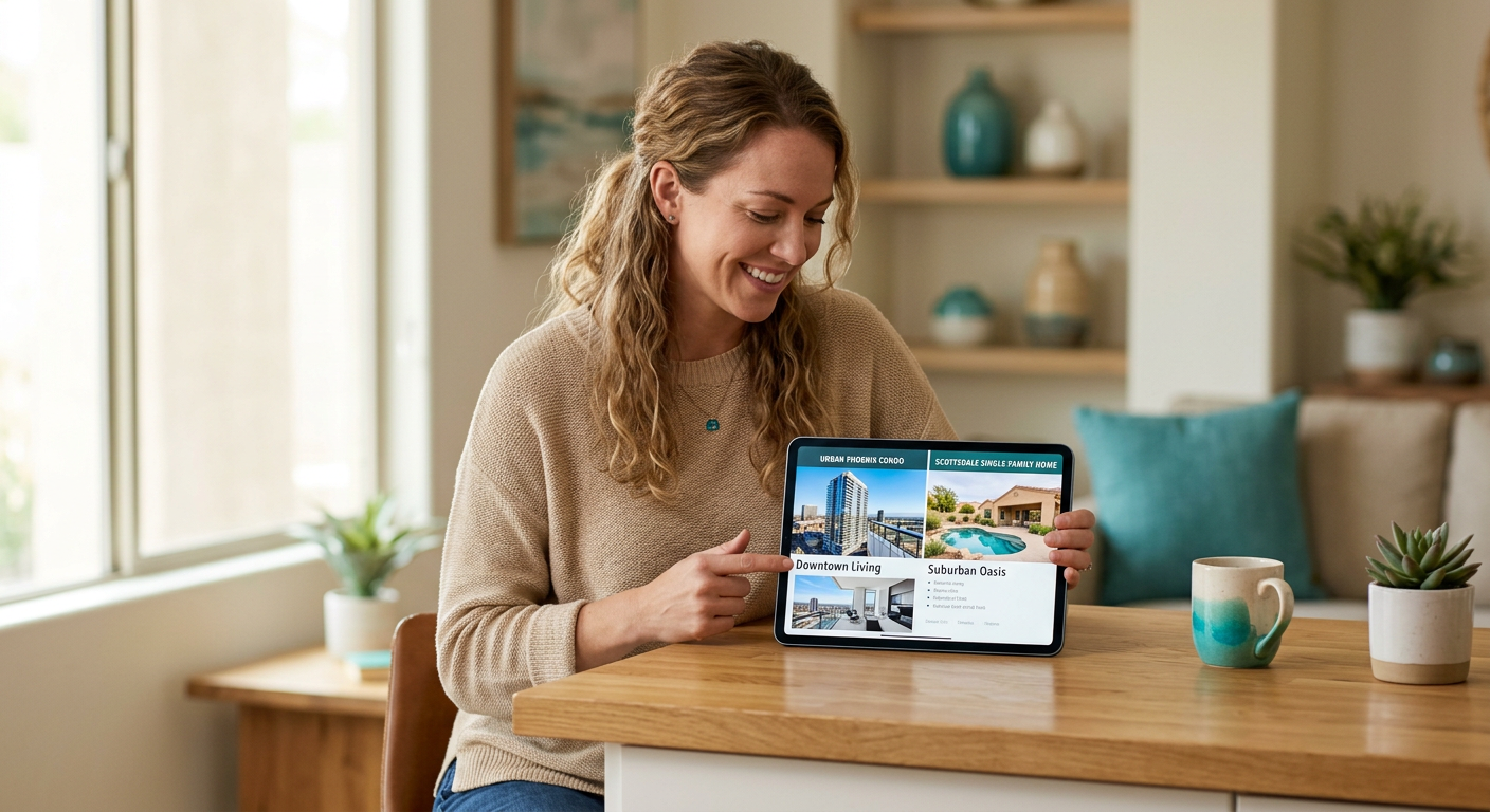 Middle-of-article photorealistic image of a homeowner comparing two neighborhoods on a tablet, one showing an urban Phoeni...