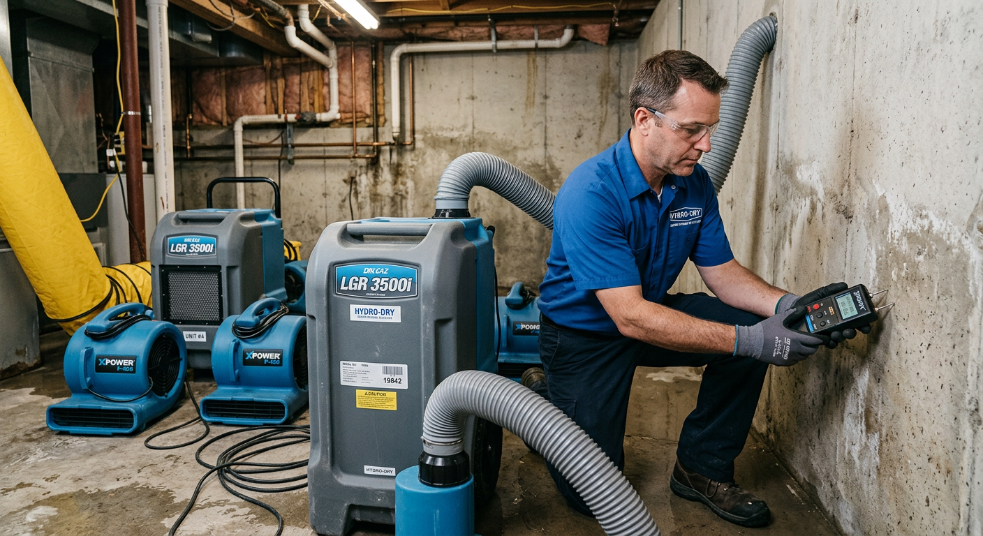 Close-up, photorealistic shot of industrial dehumidifiers and air movers arranged in a basement, with a technician taking ...