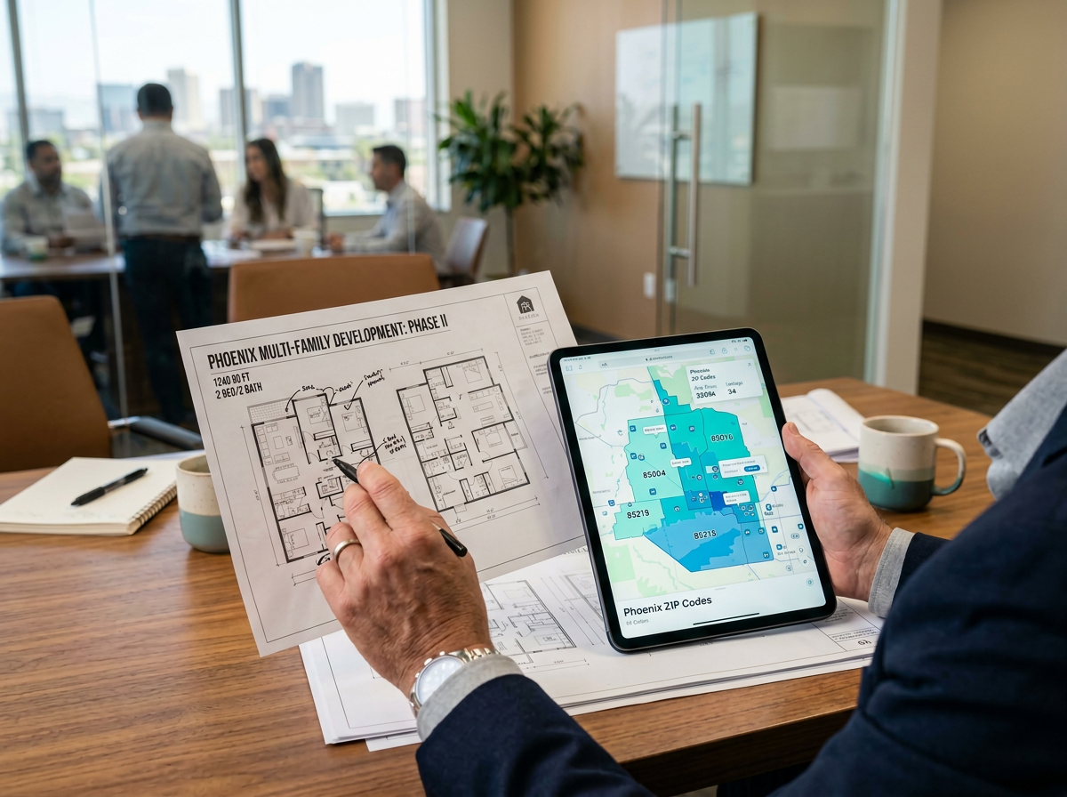 Photorealistic middle-of-article visual showing a real estate investor reviewing floor plans and a tablet map of Phoenix Z...