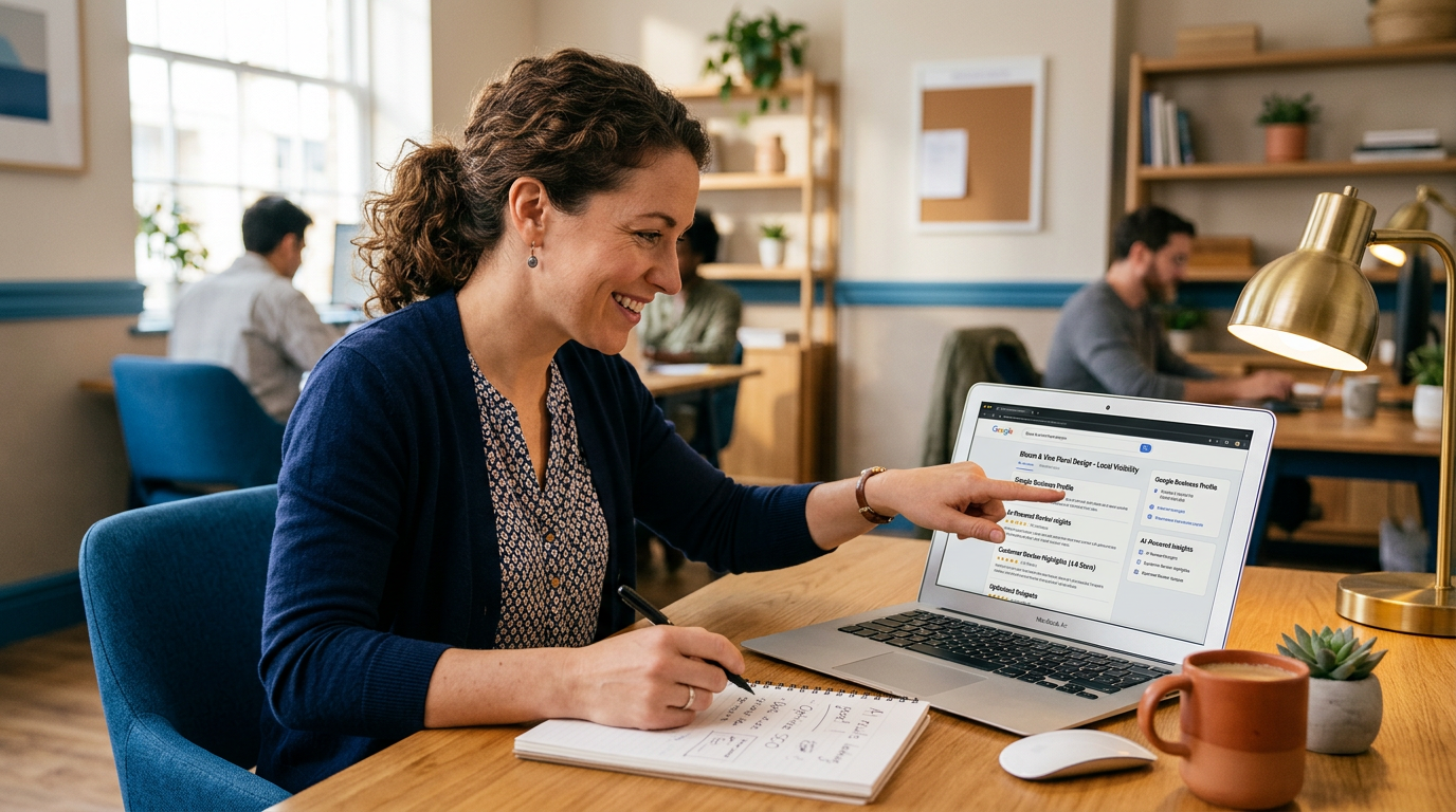 A clean photorealistic image of a small business owner reviewing AI search result mockups on a laptop at a desk. The scene...