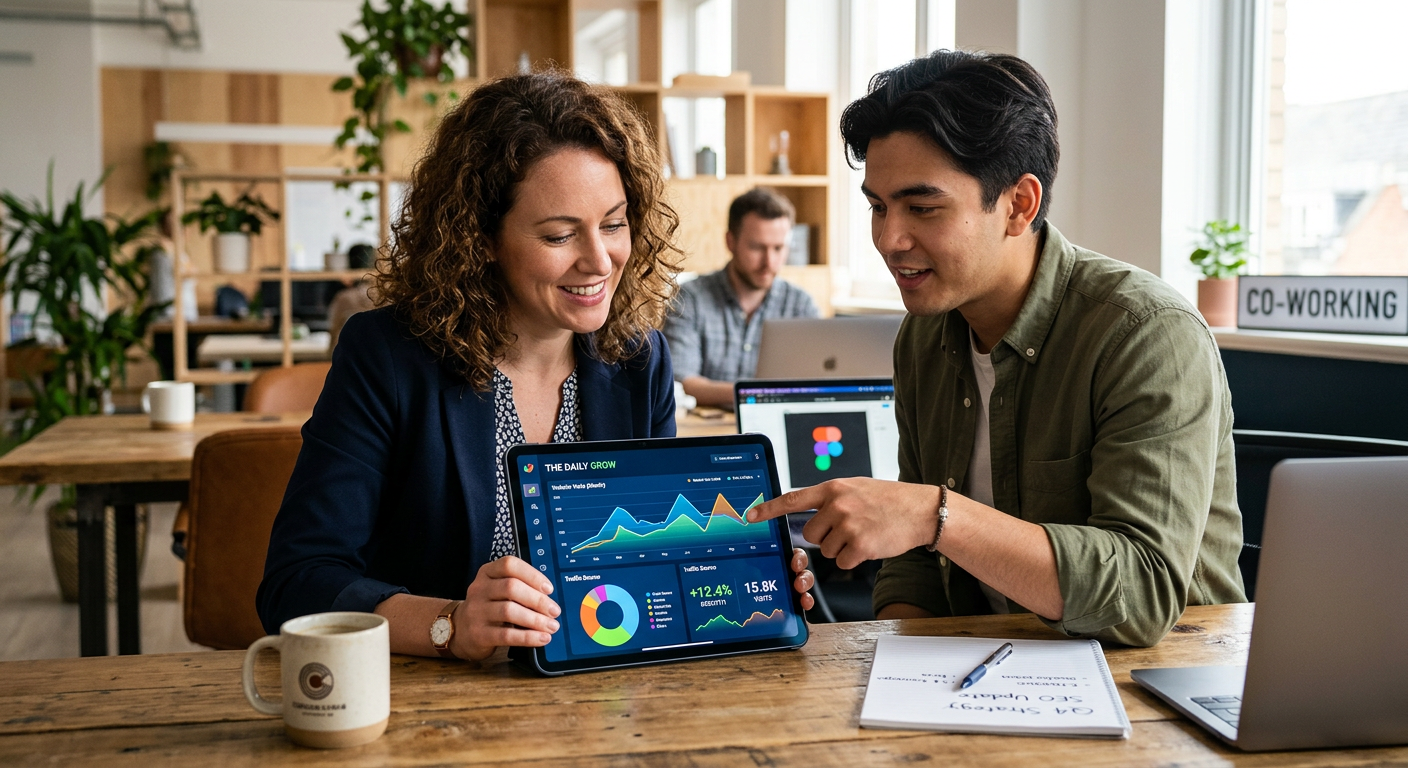 Photorealistic mid-shot of a small business owner reviewing analytics on a tablet with a designer advising them, modern of...