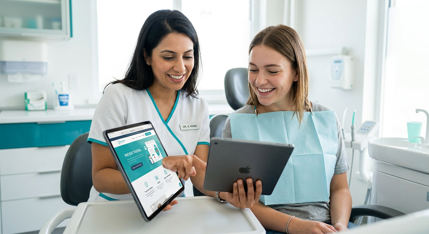 Dental Website Design Ideas for More Patients, Convert Fast 2 A polished in-content photorealistic image of a dentist and patient interacting over a mobile-friendly website on a tablet...
