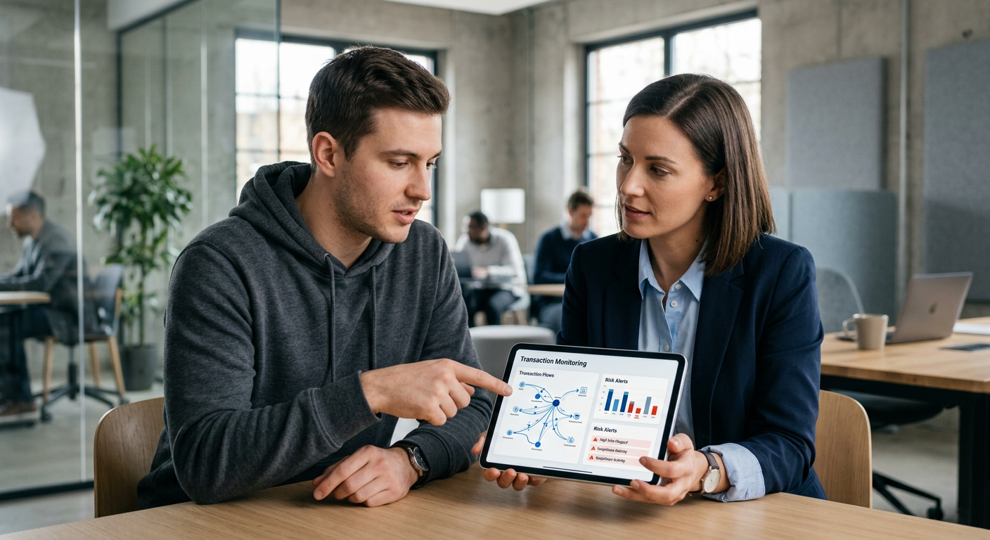 Close-up photorealistic scene of a developer and a compliance officer reviewing a dashboard on a tablet showing transactio...