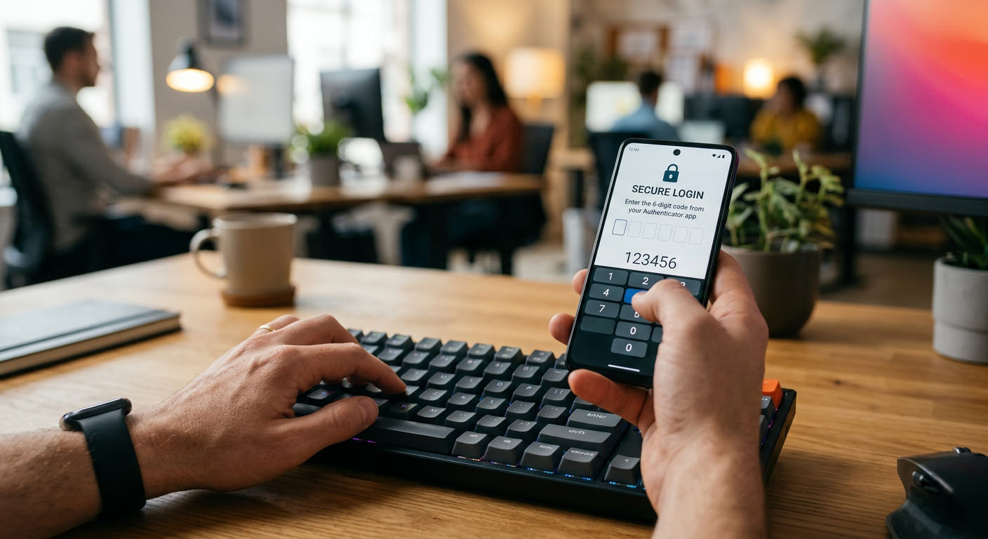 Close-up photorealistic image of a hands-on keyboard and smartphone showing two-factor authentication prompt, modern offic...
