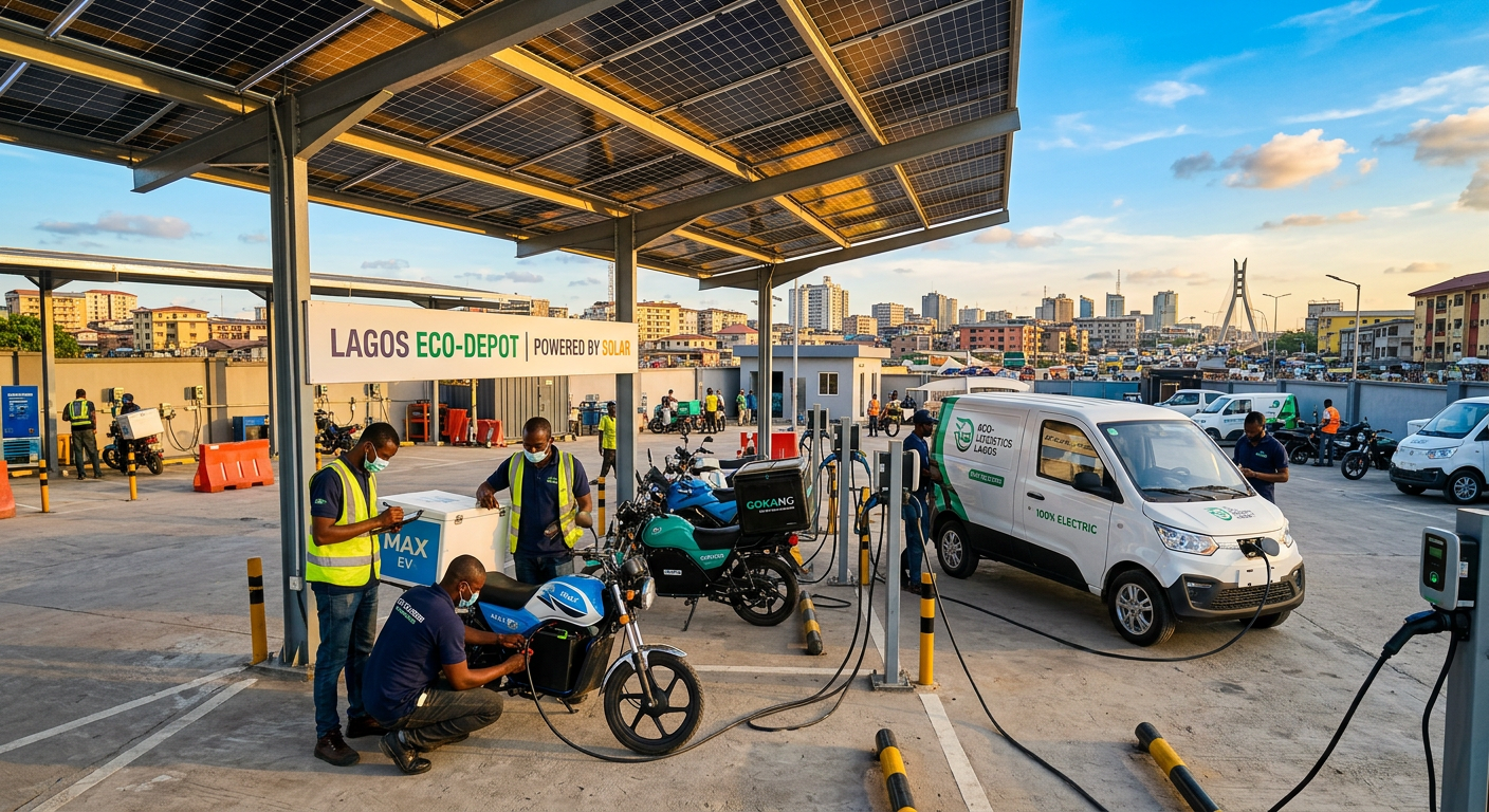 Photorealistic mid-shot of a Lagos-style depot showing electric delivery bikes and a compact electric van charging at a so...