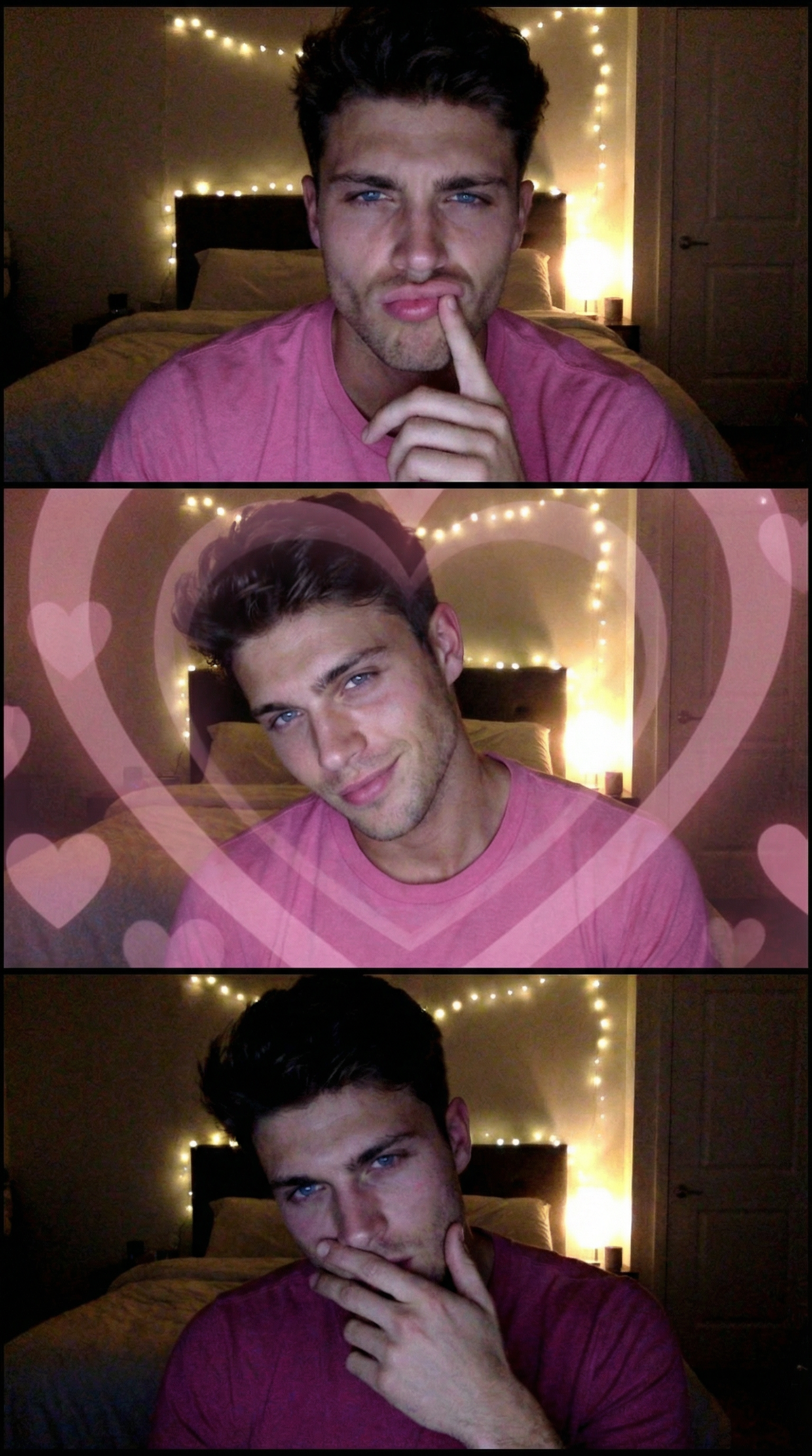 Generate images: Create a low-resolution vertical webcam photo in a 3x1 grid with a 3:4 aspect ratio using the character in the picture. The photo should fill the canvas without borders with a photobooth vibe. The screen light is warm and dim, with a grainy/noisy style and a simple, cozy bedroom background.
First grid: Exaggerated pout, finger near the lips, pink tshirt top.
Second grid: Shy/flirtatious tilt, soft expression, pink heart pattern overlay.
Third grid: Dramatic late-night pose, dark pink tshirt top, hand near the mouth.
The character's clothing and appearance are consistent. | User Input: N/A